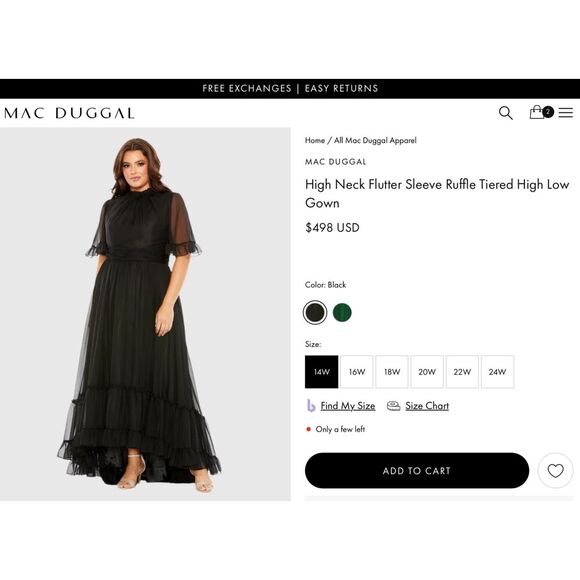 NWT Mac Duggal [ 30W ] 68427 Flutter Sleeve‎ Ruffle Tiered High Low Gown Black - Picture 2 of 5